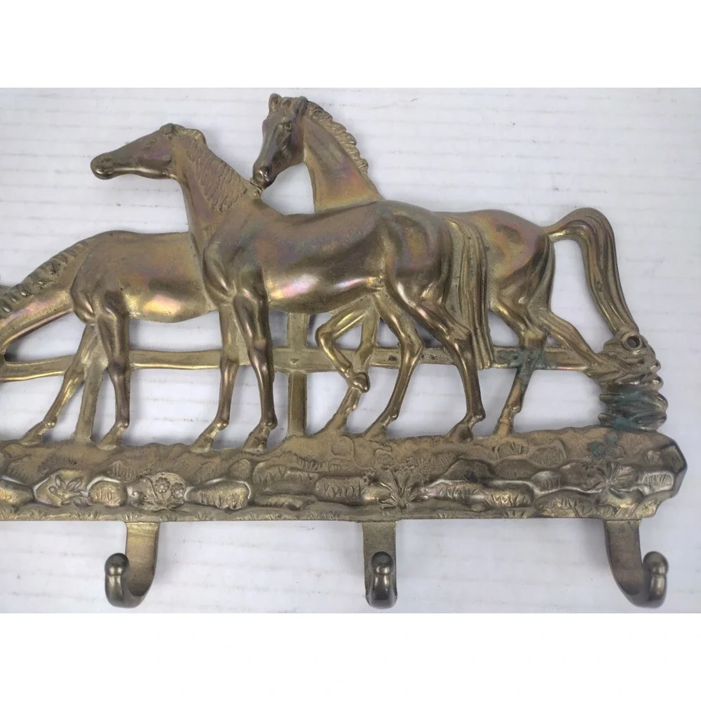Vtg Brass Key Rack with Horses /Wall Rack Keyholder/Horse Art Italy? Patina!